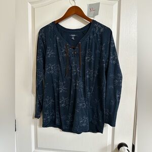 Chaps Dark Blue Floral Lace-Up Top